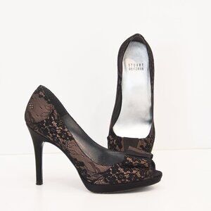 Stuart Weitzman Black Lace Peep-toe Platform Heels Bow Accent Stiletto Shoe 7.5M